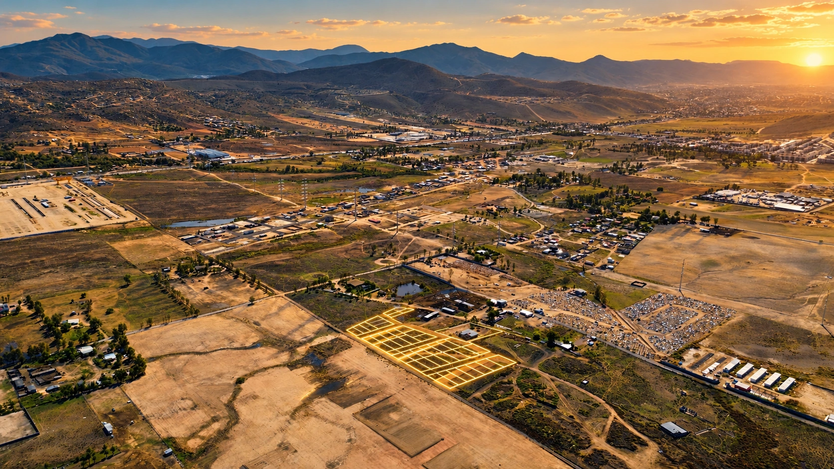 Vista aérea al atardecer de Sendero de la Luz con los lotes delineados en dorado